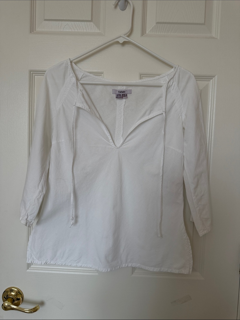 Zara Trafaluc White Women's Peasant Tunic with V-Neck Tie